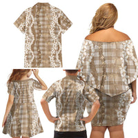 Hawaiian Ohia Lehua Lei Family Matching Off Shoulder Short Dress and Hawaiian Shirt Plaid Palaka Kalaihaahaa Pattern - Polynesian Pride