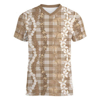 Hawaiian Ohia Lehua Lei Women V-Neck T-Shirt Plaid Palaka Kalaihaahaa Pattern - Polynesian Pride