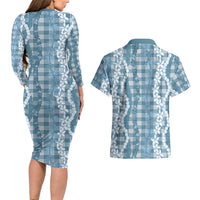 Hawaiian Ohia Lehua Lei Couples Matching Long Sleeve Bodycon Dress and Hawaiian Shirt Plaid Palaka Uliuli Omaomao Pattern - Polynesian Pride