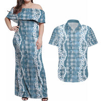 Hawaiian Ohia Lehua Lei Couples Matching Off Shoulder Maxi Dress and Hawaiian Shirt Plaid Palaka Uliuli Omaomao Pattern - Polynesian Pride