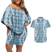 Hawaiian Ohia Lehua Lei Couples Matching Off Shoulder Short Dress and Hawaiian Shirt Plaid Palaka Uliuli Omaomao Pattern - Polynesian Pride
