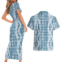 Hawaiian Ohia Lehua Lei Couples Matching Short Sleeve Bodycon Dress and Hawaiian Shirt Plaid Palaka Uliuli Omaomao Pattern - Polynesian Pride