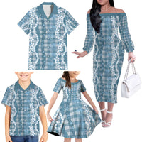 Hawaiian Ohia Lehua Lei Family Matching Off The Shoulder Long Sleeve Dress and Hawaiian Shirt Plaid Palaka Uliuli Omaomao Pattern - Polynesian Pride