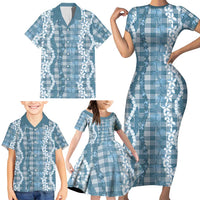Hawaiian Ohia Lehua Lei Family Matching Short Sleeve Bodycon Dress and Hawaiian Shirt Plaid Palaka Uliuli Omaomao Pattern - Polynesian Pride