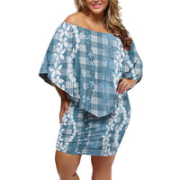 Hawaiian Ohia Lehua Lei Off Shoulder Short Dress Plaid Palaka Uliuli Omaomao Pattern - Polynesian Pride