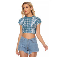 Hawaiian Ohia Lehua Lei Raglan Cropped T Shirt Plaid Palaka Uliuli Omaomao Pattern - Polynesian Pride