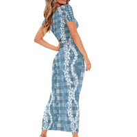 Hawaiian Ohia Lehua Lei Short Sleeve Bodycon Dress Plaid Palaka Uliuli Omaomao Pattern - Polynesian Pride