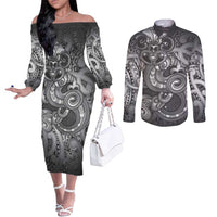 Aotearoa Maori Hei Tiki Couples Matching Off The Shoulder Long Sleeve Dress and Long Sleeve Button Shirt Kiwikiwi Kowhaiwhai Puhoro Motif