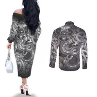 Aotearoa Maori Hei Tiki Couples Matching Off The Shoulder Long Sleeve Dress and Long Sleeve Button Shirt Kiwikiwi Kowhaiwhai Puhoro Motif