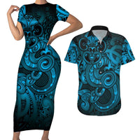 Aotearoa Maori Hei Tiki Couples Matching Short Sleeve Bodycon Dress and Hawaiian Shirt Kikorangi Kowhaiwhai Puhoro Motif