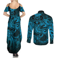 Aotearoa Maori Hei Tiki Couples Matching Summer Maxi Dress and Long Sleeve Button Shirt Kikorangi Kowhaiwhai Puhoro Motif