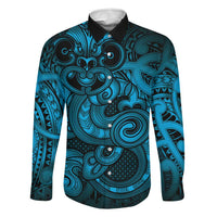 Aotearoa Maori Hei Tiki Family Matching Off Shoulder Maxi Dress and Hawaiian Shirt Kikorangi Kowhaiwhai Puhoro Motif LT9 Dad's Shirt - Long Sleeve Blue - Polynesian Pride