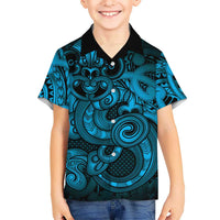 Aotearoa Maori Hei Tiki Family Matching Off Shoulder Maxi Dress and Hawaiian Shirt Kikorangi Kowhaiwhai Puhoro Motif LT9 Son's Shirt Blue - Polynesian Pride