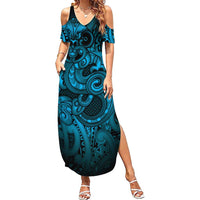 Aotearoa Maori Hei Tiki Family Matching Summer Maxi Dress and Hawaiian Shirt Kikorangi Kowhaiwhai Puhoro Motif