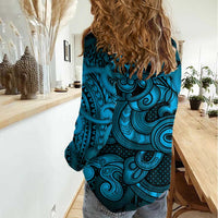 Aotearoa Maori Hei Tiki Women Casual Shirt Kikorangi Kowhaiwhai Puhoro Motif