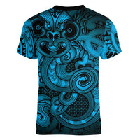 Aotearoa Maori Hei Tiki Women V-Neck T-Shirt Kikorangi Kowhaiwhai Puhoro Motif