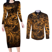 Aotearoa Maori Hei Tiki Couples Matching Long Sleeve Bodycon Dress and Long Sleeve Button Shirt Koura Kowhaiwhai Puhoro Motif