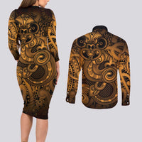 Aotearoa Maori Hei Tiki Couples Matching Long Sleeve Bodycon Dress and Long Sleeve Button Shirt Koura Kowhaiwhai Puhoro Motif