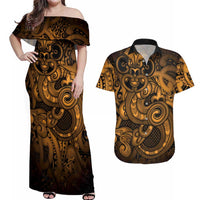Aotearoa Maori Hei Tiki Couples Matching Off Shoulder Maxi Dress and Hawaiian Shirt Koura Kowhaiwhai Puhoro Motif
