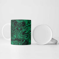 Aotearoa Maori Hei Tiki Ceramic Mug Kakariki Kowhaiwhai Puhoro Motif