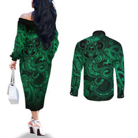 Aotearoa Maori Hei Tiki Couples Matching Off The Shoulder Long Sleeve Dress and Long Sleeve Button Shirt Kakariki Kowhaiwhai Puhoro Motif