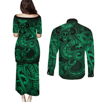 Aotearoa Maori Hei Tiki Couples Matching Puletasi and Long Sleeve Button Shirt Kakariki Kowhaiwhai Puhoro Motif