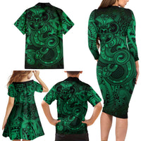 Aotearoa Maori Hei Tiki Family Matching Long Sleeve Bodycon Dress and Hawaiian Shirt Kakariki Kowhaiwhai Puhoro Motif
