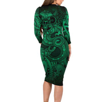 Aotearoa Maori Hei Tiki Family Matching Long Sleeve Bodycon Dress and Hawaiian Shirt Kakariki Kowhaiwhai Puhoro Motif