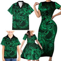 Aotearoa Maori Hei Tiki Family Matching Short Sleeve Bodycon Dress and Hawaiian Shirt Kakariki Kowhaiwhai Puhoro Motif