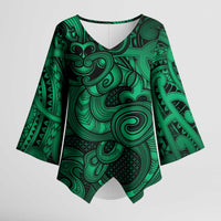 Aotearoa Maori Hei Tiki Kimono Sleeve Blouse Kakariki Kowhaiwhai Puhoro Motif