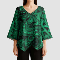 Aotearoa Maori Hei Tiki Kimono Sleeve Blouse Kakariki Kowhaiwhai Puhoro Motif