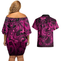 Aotearoa Maori Hei Tiki Couples Matching Off Shoulder Short Dress and Hawaiian Shirt Mawhero Kowhaiwhai Puhoro Motif
