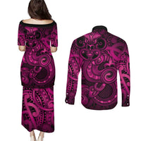 Aotearoa Maori Hei Tiki Couples Matching Puletasi and Long Sleeve Button Shirt Mawhero Kowhaiwhai Puhoro Motif
