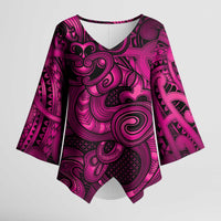 Aotearoa Maori Hei Tiki Kimono Sleeve Blouse Mawhero Kowhaiwhai Puhoro Motif LT9 Female Pink - Polynesian Pride
