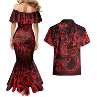 Aotearoa Maori Hei Tiki Couples Matching Mermaid Dress and Hawaiian Shirt Whero Kowhaiwhai Puhoro Motif