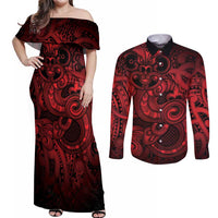 Aotearoa Maori Hei Tiki Couples Matching Off Shoulder Maxi Dress and Long Sleeve Button Shirt Whero Kowhaiwhai Puhoro Motif
