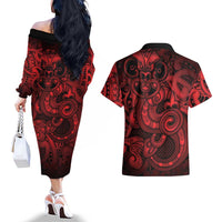 Aotearoa Maori Hei Tiki Couples Matching Off The Shoulder Long Sleeve Dress and Hawaiian Shirt Whero Kowhaiwhai Puhoro Motif LT9 - Polynesian Pride