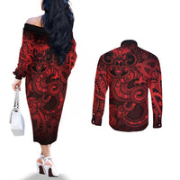 Aotearoa Maori Hei Tiki Couples Matching Off The Shoulder Long Sleeve Dress and Long Sleeve Button Shirt Whero Kowhaiwhai Puhoro Motif