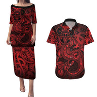 Aotearoa Maori Hei Tiki Couples Matching Puletasi and Hawaiian Shirt Whero Kowhaiwhai Puhoro Motif