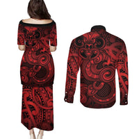 Aotearoa Maori Hei Tiki Couples Matching Puletasi and Long Sleeve Button Shirt Whero Kowhaiwhai Puhoro Motif