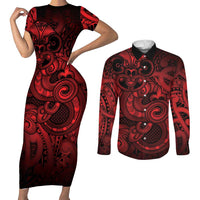 Aotearoa Maori Hei Tiki Couples Matching Short Sleeve Bodycon Dress and Long Sleeve Button Shirt Whero Kowhaiwhai Puhoro Motif