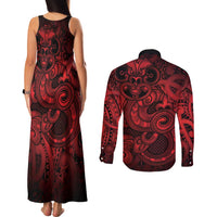 Aotearoa Maori Hei Tiki Couples Matching Tank Maxi Dress and Long Sleeve Button Shirt Whero Kowhaiwhai Puhoro Motif