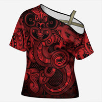 Aotearoa Maori Hei Tiki Cross Shoulder Shirt Whero Kowhaiwhai Puhoro Motif LT9 Female Red - Polynesian Pride