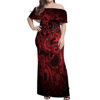 Aotearoa Maori Hei Tiki Off Shoulder Maxi Dress Whero Kowhaiwhai Puhoro Motif LT9 Women Red - Polynesian Pride