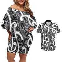Aotearoa Maori Kowhaiwhai Couples Matching Off Shoulder Short Dress and Hawaiian Shirt Kiwikiwi Puhoro and Patiki