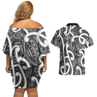 Aotearoa Maori Kowhaiwhai Couples Matching Off Shoulder Short Dress and Hawaiian Shirt Kiwikiwi Puhoro and Patiki