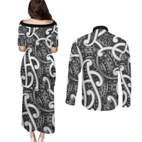 Aotearoa Maori Kowhaiwhai Couples Matching Puletasi and Long Sleeve Button Shirt Kiwikiwi Puhoro and Patiki LT9 - Polynesian Pride