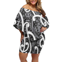 Aotearoa Maori Kowhaiwhai Family Matching Off Shoulder Short Dress and Hawaiian Shirt Kiwikiwi Puhoro and Patiki