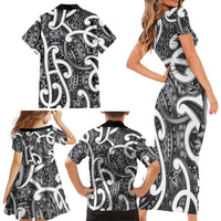 Aotearoa Maori Kowhaiwhai Family Matching Short Sleeve Bodycon Dress and Hawaiian Shirt Kiwikiwi Puhoro and Patiki