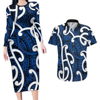 Aotearoa Maori Kowhaiwhai Couples Matching Long Sleeve Bodycon Dress and Hawaiian Shirt Kikorangi Puhoro and Patiki